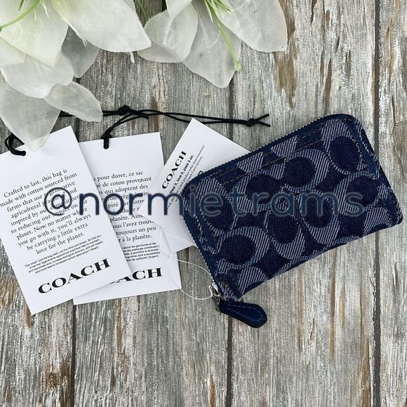 Coach Small Zip Around Card Case Wallet in Signature Denim & Leather Bag Purse - Picture 5 of 7